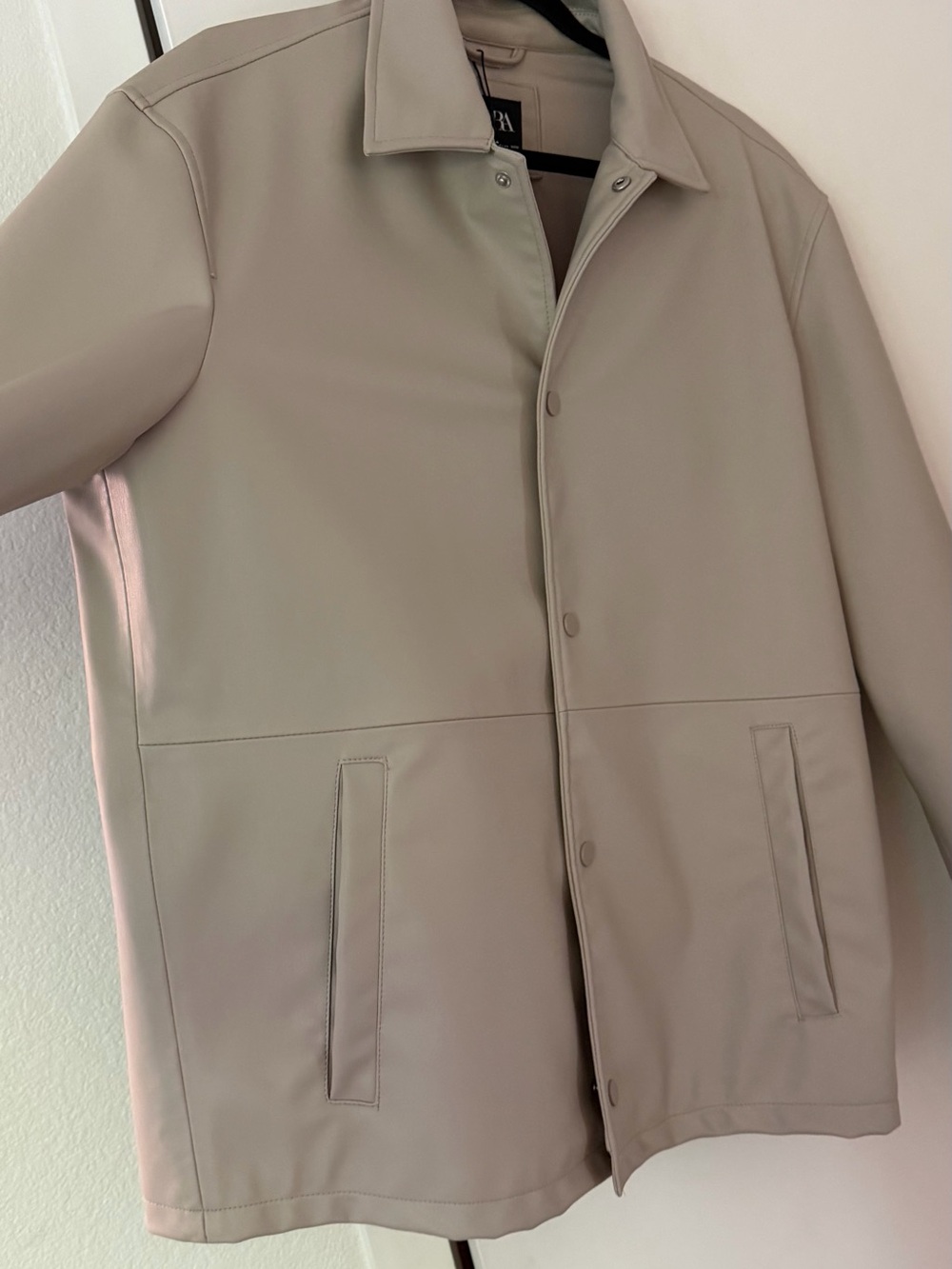 ZARA Men's Light Taupe leather Button-Front Shirt Jacket